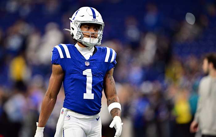 Oct 29, 2023; Indianapolis, Indiana, USA; Indianapolis Colts wide receiver Josh Downs (1) warms up before the game against the New Orleans Saints at Lucas Oil Stadium.